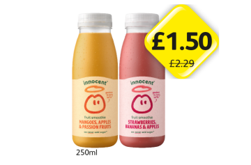 Innocent Mangoes Apples & Passion Fruits, Strawberries Bananas & Apples - Now Only £1.50 at Londis