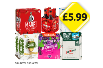 Madri, Estrella, Peroni, Stella Artois Unfiltered, Thatcher's Apple & Blackcurrant, San Miguel - Now Only £5.99 at Londis