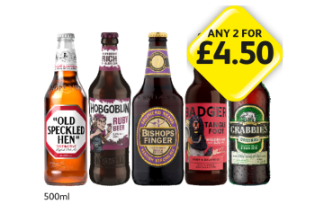 Old Speckled Hen, Hobgoblin, Bishops Finger, Badger Tangle Foot, Crabbies - Any 2 for £4.50 at Londis