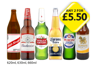 Red Stripe, Budweiser, Stella Artois, Corona Extra, Peroni, Singha - Any 2 for £5.50 at Londis