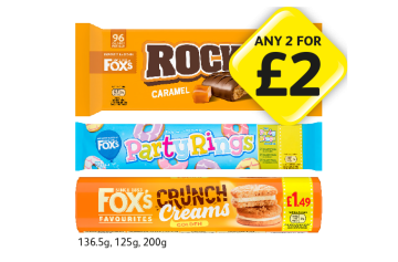 Rocky Caramel, Party Rings, Fox's Crunch Creams - Any 2 for £2 at Londis