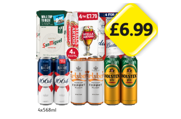 San Miguel, Stella Artois, Budweiser, Kronenbourg, Carlsberg Export, Holsten Pilsner - Now Only £6.99 at Londis