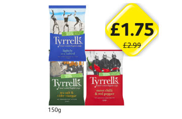 Tyrrell's Lightly Sea Salted, Sea Salt & Vinegar, Sweet Chilli & Red Pepper - Now Only £1.75 at Londis