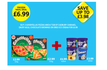 Goodfella's Pepperoni, Margherita, Cadbury Dairy Milk Ice Cream, Chocolate Brownie, Caramel, Oreo Ice Cream - Now Only Buy 2 Goodfellas Pizzas And A Tub of Cadbury Ice Cream Dairy Milk, Caramel, Chocolate Brownie Or Oreo for £6.99 at Londis