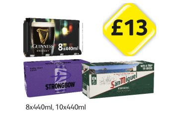 Guinness, Strongbow Dark fruits, San Miguel Especial - Now Only £13 at Londis