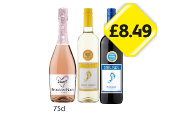 I Heart Prosecco Rosé, Barefoot Pinot Grigio, Merlot - Now Only £8.49 at Londis