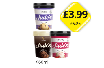 Jude's Ice Cream Rum & Raisin, Chocolate Guinness Cake, Cherries & Cream - Now Only £3.99 at Londis