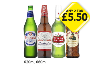Peroni, Budweiser, Stella Artois, Birra Moretti - Any 2 for £5.50 at Londis