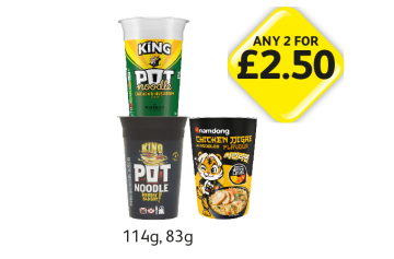 Pot Noodle Chicken & Mushroom, Bombay Bad Boy, Namdong Chicken Flavour - Any 2 for £2.50 at Londis