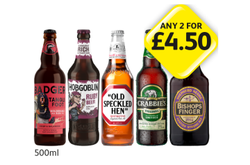 Badger Tangle Foot, Hobgoblin Ruby Beer, Old Speckled Hen, Crabbies Original, Bishops Finger - Any 2 for £4.50 at Londis