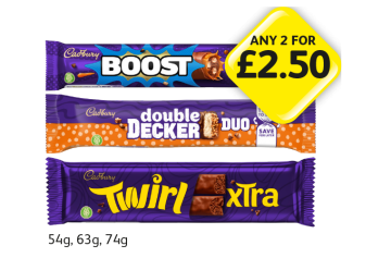 Cadbury Boost Duo, Double Decker Duo, Twirl Xtra - Any 2 for £2.50 at Londis