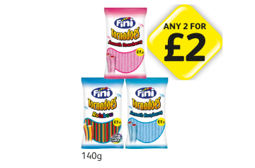 Fini Tornado Smooth Strawberry, Rainbow, Smooth Raspberry - Any 2 for £2 at Londis