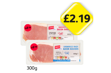 Jack's Smoked Back Bacon Rashers, Unsmoked - Now Only £2.19 at Londis