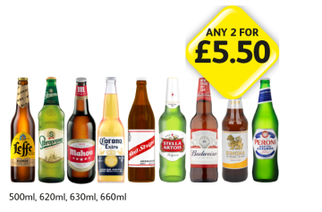 Leffe, Staropramen, Mahou, Corona, Red Stripe, Stella Artois, Budweiser, Singha, Peroni - Any 2 for £5.50 at Londis