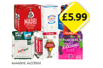 Madri, Peroni, Estrella Barcelona, San Miguel, Stella Artois, Thatcher's Apple & Blackcurrant - Now Only £5.99 at Londis