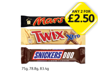 Mars Duo, Twix Xtra, Snickers Duo - Any 2 for £2.50 at Londis