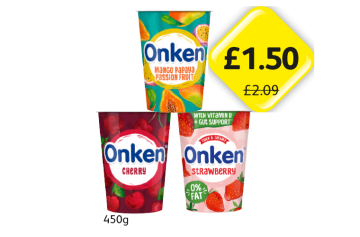 Onken Mango Papaya Passion Fruit, Cherry, Strawberry 0% - Now Only £1.50 at Londis