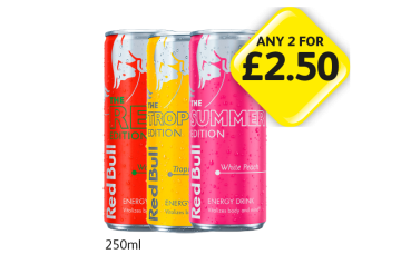 Red Bull Watermelon, Tropical Fruits, White Peach - Any 2 for £2.50 at Londis