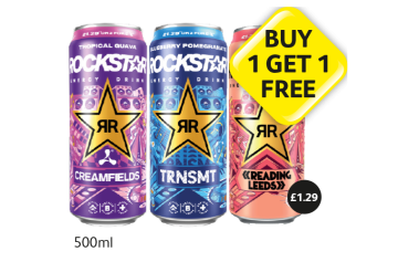 Rockstar Energy Tropical Guava, Blueberry Pomegranate, Peach Zero Sugar - Buy 1 Get 1 FREE at Londis