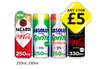 Bacardi Coca Cola, Absolut Sprite, Watermelon, Jack Daniels Coca Cola - Any 3 for £5 at Londis