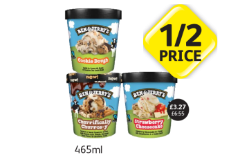 Ben & Jerry's Cookie Dough, Churrifically Churros-y, Strawberry Cheesecake - Now Only Half Price  at Londis