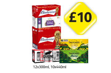 Budweiser, Stella Artois, Carling, Thatchers Gold, Haze - Now Only £10 at Londis