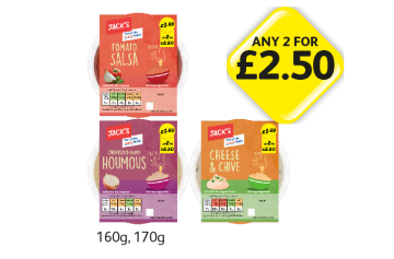 Jack's Tomato Salsa, Caramelised Onion Houmous, Cheese & Chive - Any 2 for £2.50 at Londis