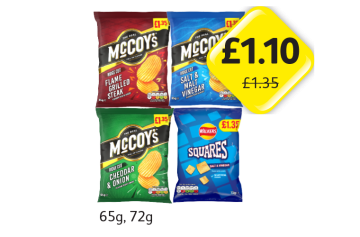 McCoys Flame Grilled Steak, Salt & Malt Vinegar, Cheddar & Onion, Walkers Squares - Now Only £1.10 at Londis