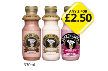 Shaken Udder Chocolush, Vanillaliscious, Raspberry Ripple - Any 2 for £2.50 at Londis