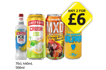 Smirnoff Ice, Crush Lemon & lime, MXD Sip On The Beach, Au Vodka Blue Raspberry Ultra - Any 2 for £6 at Londis