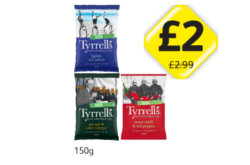 Tyrrells Lightly Sea Salted, Sea Salt & Cider Vinegar, Sweet Chilli & Red Pepper - Now Only £2 at Londis