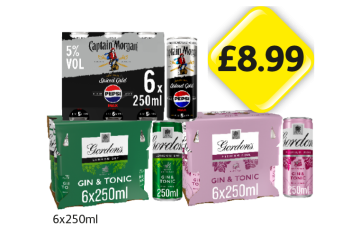 Captain Morgan Pepsi Max, Gordon's Gin & Tonic, Premium Pink - Now Only £8.99 at Londis
