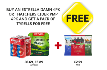 Estrella, Thatchers Haze Cloudy,  Tyrrells Lightly Salted, Sweet Chilli, Salt & Vinegar - Buy An Estrella Or Thatchers And Get A Pack Of Tyrrells For FREE at Londis