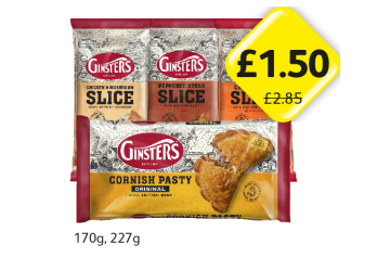 Ginsters Slice Chicken & Mushroom, Peppered Steak, Chicken Tikka, Cornish Pasty - Now Only £1.50 at Londis