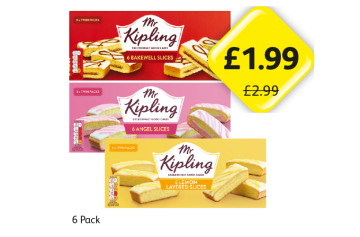 Mr Kipling Bakewell Slices, Angel Sliced, Lemon Layered Slices - Now Only £1.99 at Londis