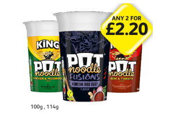 Pot Noodle Chicken & Mushroom, Beef & Tomato, Fusions Korean BBQ Beef - Any 2 for £2.20 at Londis