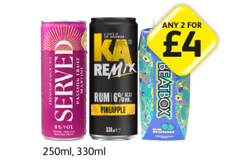 Served Martini, KA Remix Rum, Beatbox Blue Razzberry - Any 2 for £4 at Londis