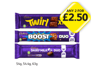 Cadbury Duo Twirl Xtra, Boost, Dairy Milk - Any 2 for £2.50 at Londis