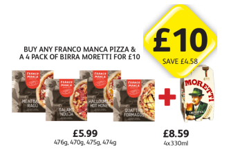 Franco Manca Meatball Ragu, Salami 'Nduja, Halloumi & Hot Honey, Quattro Formaggi, Moretti - Buy Any Franco Manca Pizza & A Pack Of Moretti for £10 at Londis