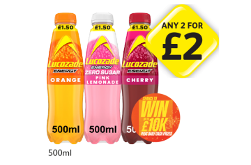 Lucozade Energy Orange, Cherry, Zero Sugar Pink - Any 2 for £2 at Londis