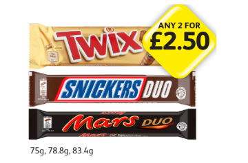 Twirl Xtra, Snickers Duo, Mars Duo - Any 2 for £2.50 at Londis
