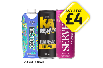 Beatbox Blue Razzberry, KA Remix Rum Pineapple, Served Passion Fruit Martini - Any 2 for £4 at Londis