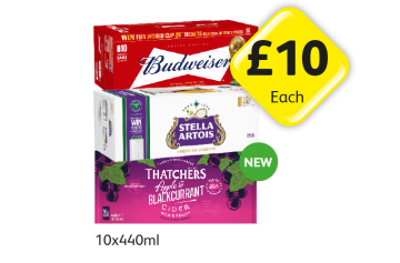 Budweiser, Stella Artois, Thatchers Apple & Blackcurrant - Now Only £10 at Londis