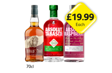 Buffalo Trace Whiskey, Absolut Tabasco, Raspberri - Now Only £19.99 at Londis