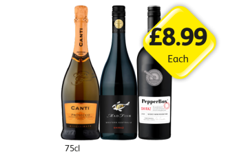 Canti Prosecco, Mad Fish Shiraz, PepperBox Shiraz - Now Only £8.99 at Londis