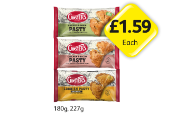Ginsters Pasty Cheese & Onion, Chicken & Bacon, Cornish - Now Only £1.59 at Londis
