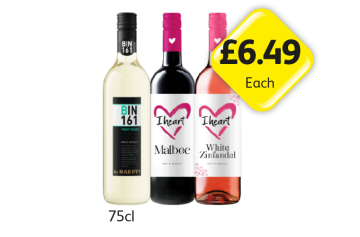 Hardy's Bin 161 Pinot Grigio, I heart Malbec, White Zinfandel - Now Only £6.49 at Londis
