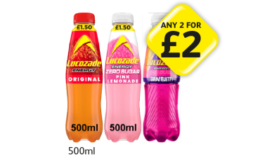 Lucozade Energy Original, Zero Sugar Pink Lemonade, Grafruitti - Any 2 for £2 at Londis