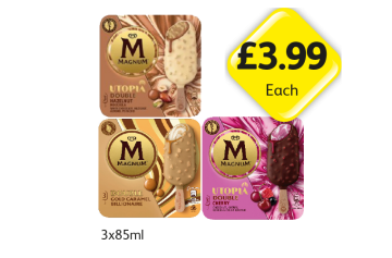 Magnum Utopia Double Hazelnut, Cherry, Double Gold Caramel Billionaire - Now Only £3.99 at Londis