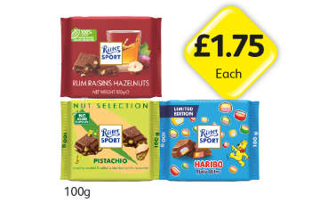 Ritter Sport Rum Raisins Hazelnuts, Pistachio, Haribo Balla Bites - Now Only £1.75 at Londis